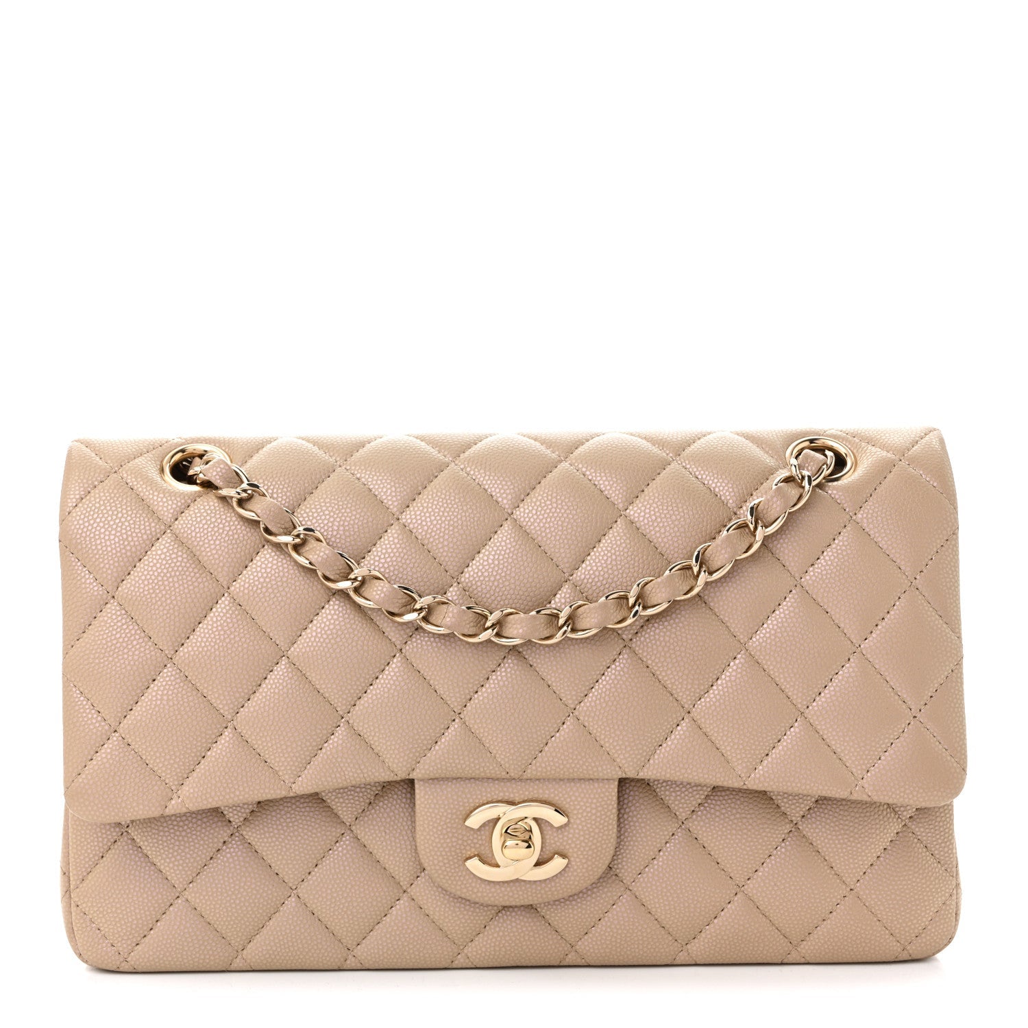 Iridescent Caviar Quilted Medium Double Flap Dark Beige