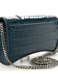 Shiny Calfskin Crocodile Embossed Hourglass Chain Bag Dark Petrol Blue