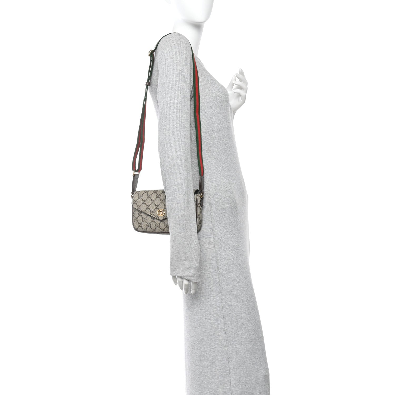 GG Supreme Monogram Textured Dollar Calfskin Web Mini Ophidia Envelope Shoulder Bag Beige Ebony New Acero