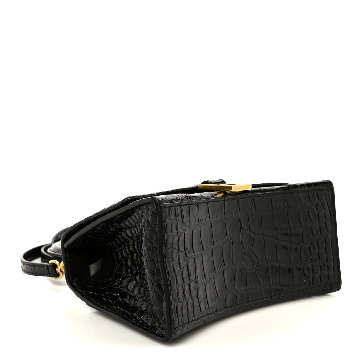 Shiny Calfskin Crocodile Embossed Small Hourglass Top Handle Bag Black