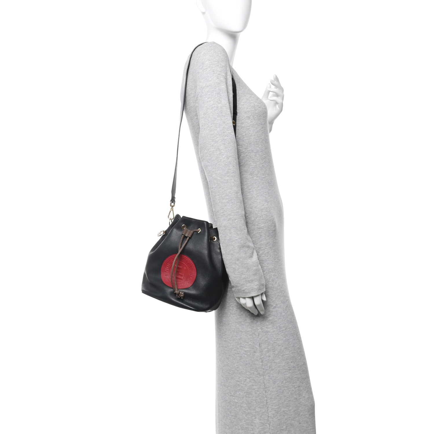 Vitello Century Matte F is FNDI Stamp Patch Bi-Color Grande Mon Tresor Bucket Bag Black Maya Fragola