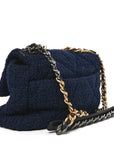 Tweed Quilted Large CHNL 19 Flap Navy Blue