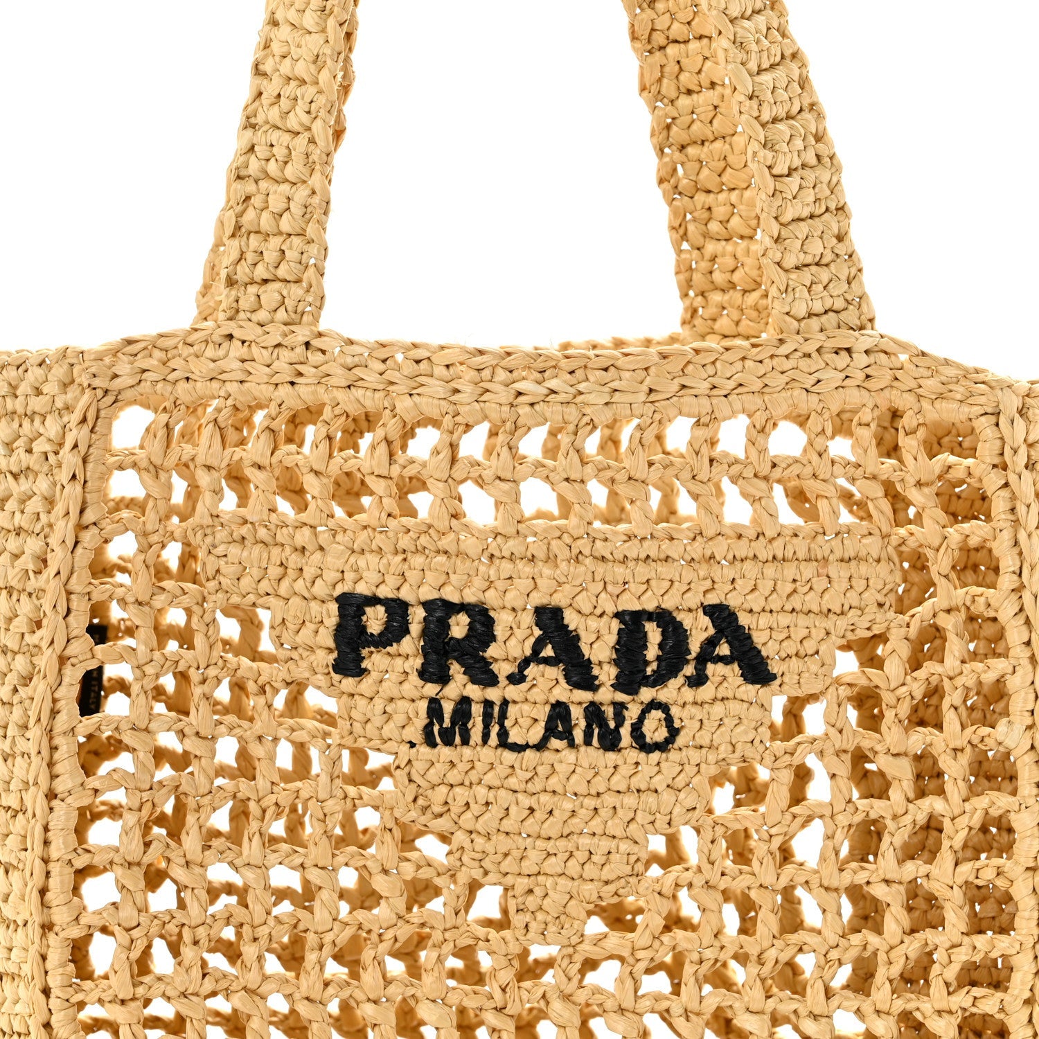 Yarn Raffia Effect Crochet Logo Embroidered Small Tote Bag Naturale