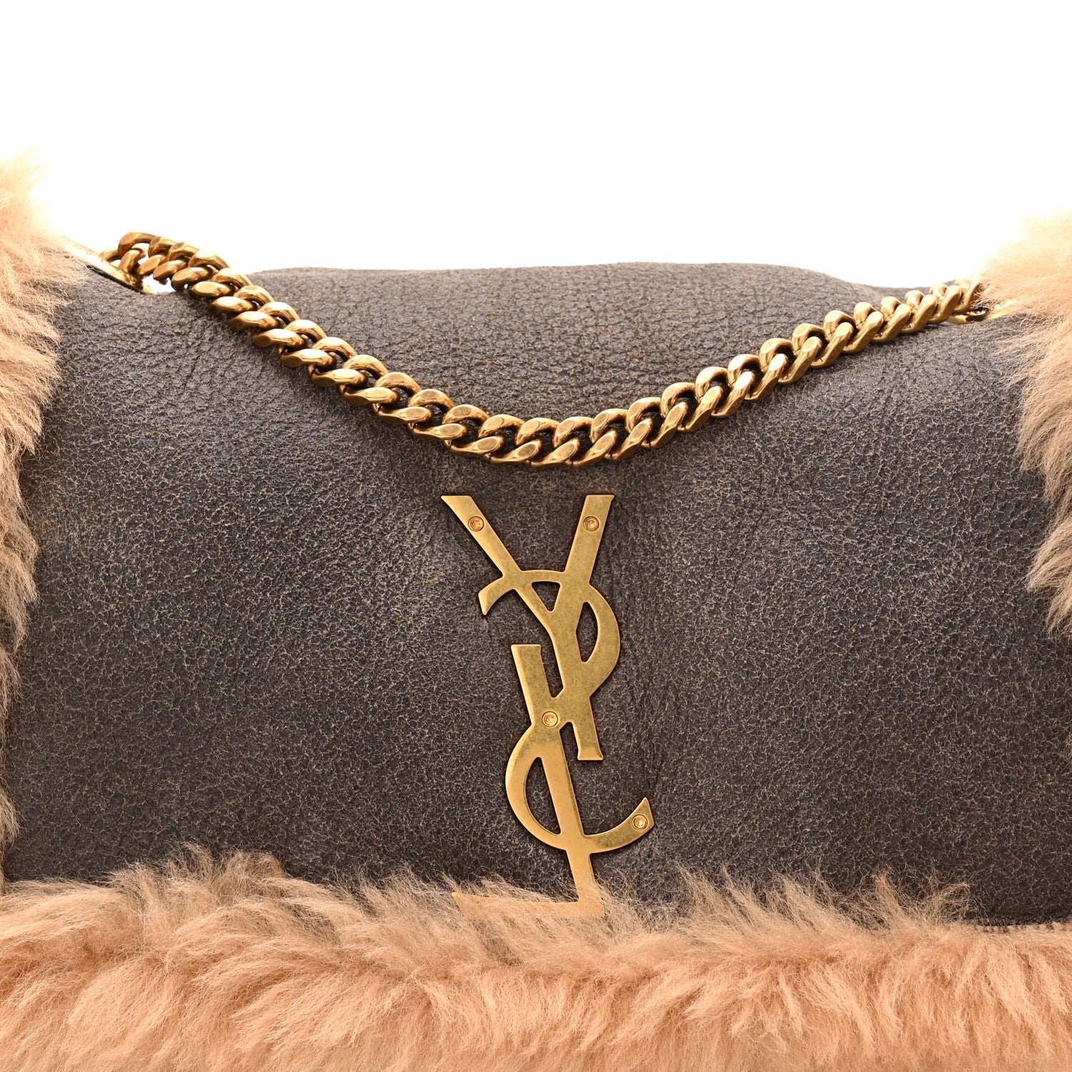 Shearling Calfskin Small Reversible Monogram Kate Satchel Ecru Dark Brown