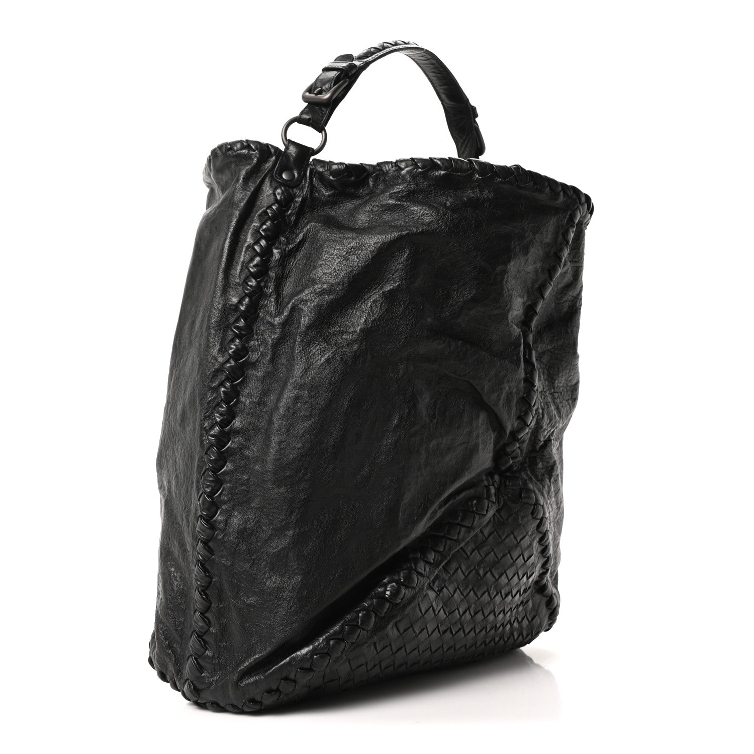 Grained Lambskin Intrecciato Large Shoulder Bag Black