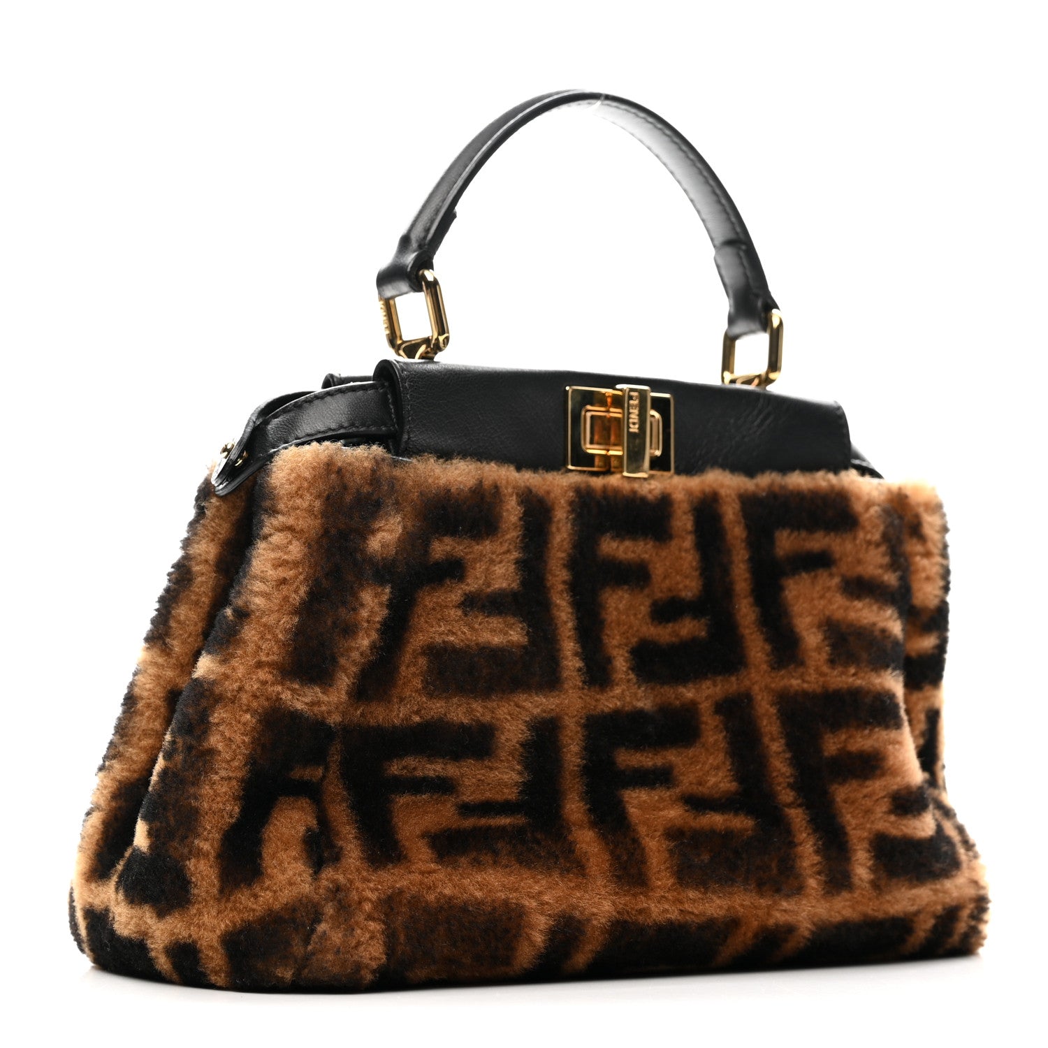 Shearling Nappa Macro FF 1974 Mini Peekaboo Iconic Satchel Tobacco Black