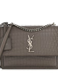 Calfskin Crocodile Embossed Medium Monogram Sunset Fog