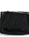 Crinkled Calfskin Matelasse Monogram Medium Niki Chain Satchel Black