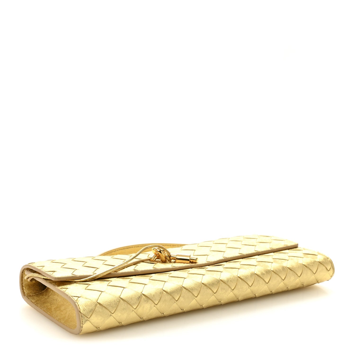 Metallic Satin Lambskin Intrecciato Long Andiamo Top Handle Clutch Gold
