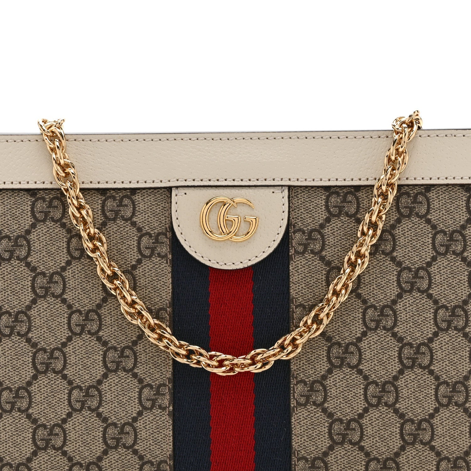 GG Supreme Monogram Textured Calfskin Web Small Ophidia Chain Shoulder Bag Beige Ebony Mystic White