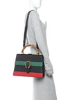 Calfskin Bamboo Web Large Dionysus Top Handle Bag Black Bright Evergreen Hibiscus Red
