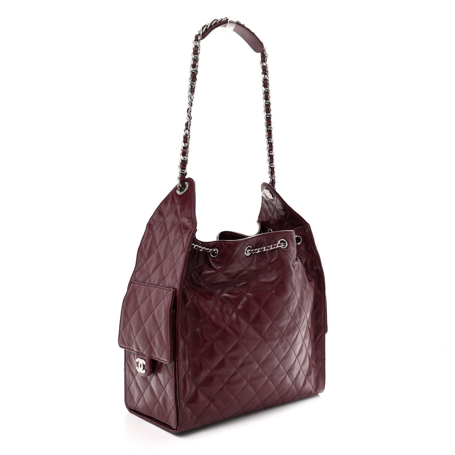 Shiny Crumpled Calfskin Quilted Medium CHNL 25 Handbag Dark Burgundy