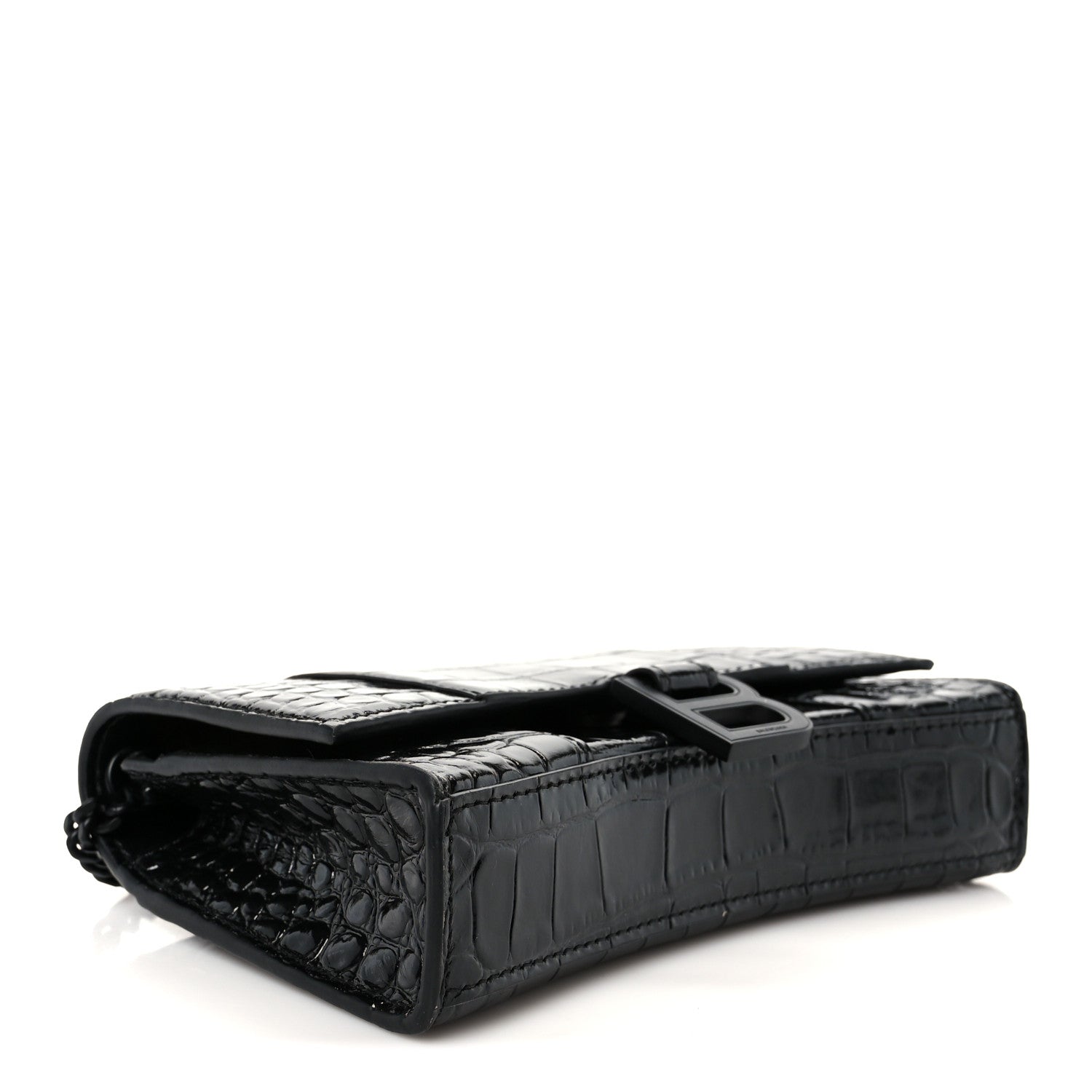 Shiny Calfskin Monochrome Crocodile Embossed Hourglass Chain Bag Black