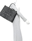 Canvas Mizza Embroidered Large Leopard Book Tote Grey