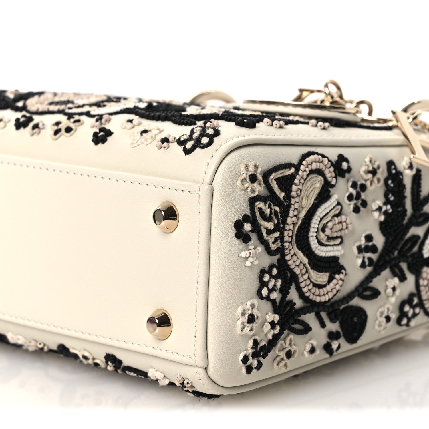 Smooth Calfskin Embroidered Beaded Floral Mini Lady D1OR White Multicolor