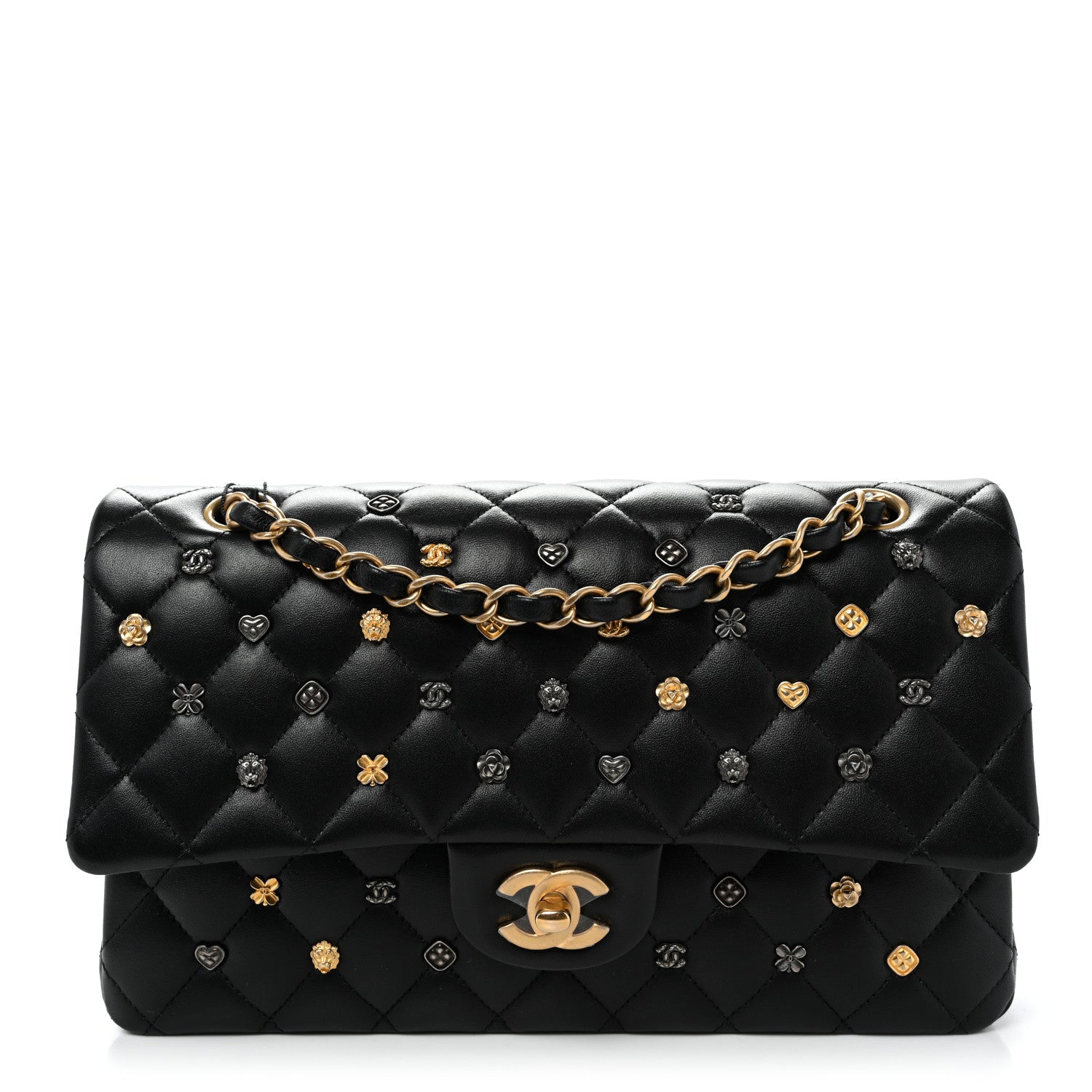 Lambskin Quilted Studded Medium Double Flap Black
