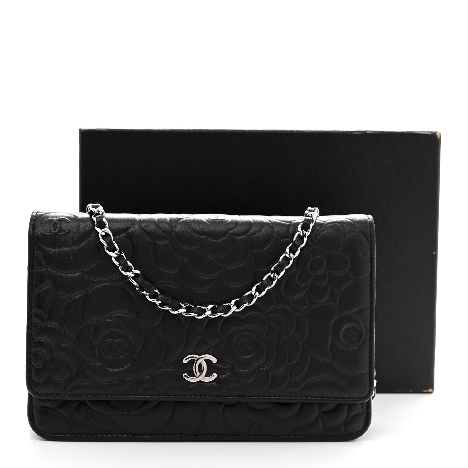 Lambskin Camellia Embossed Wallet On Chain WOC Black