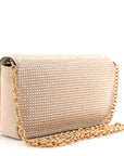 Satin Crystal Medusa Chain Clutch Beige