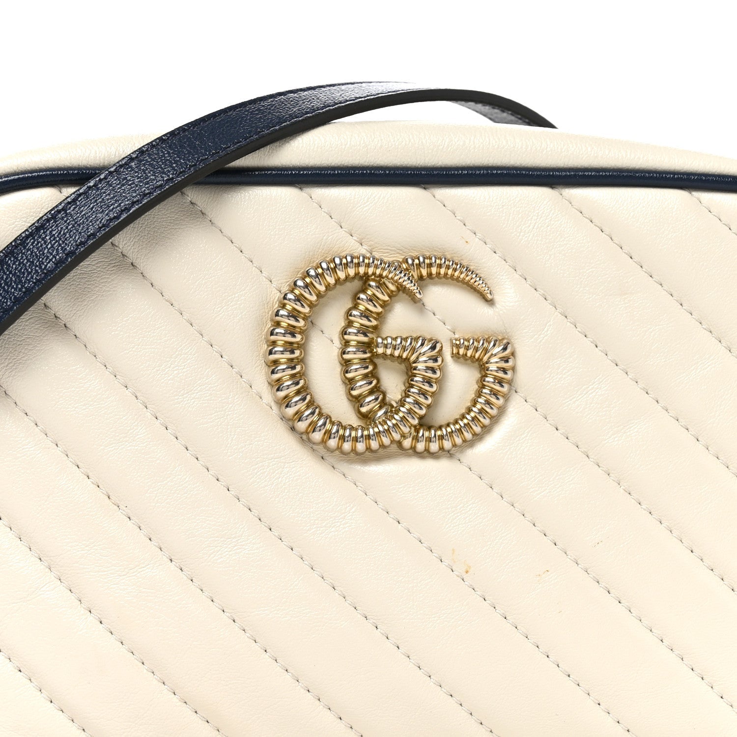 Vintage Effect Calfskin Matelasse Diagonal Small Torchon GG Marmont Chain Shoulder Bag Mystic White Blue Agata