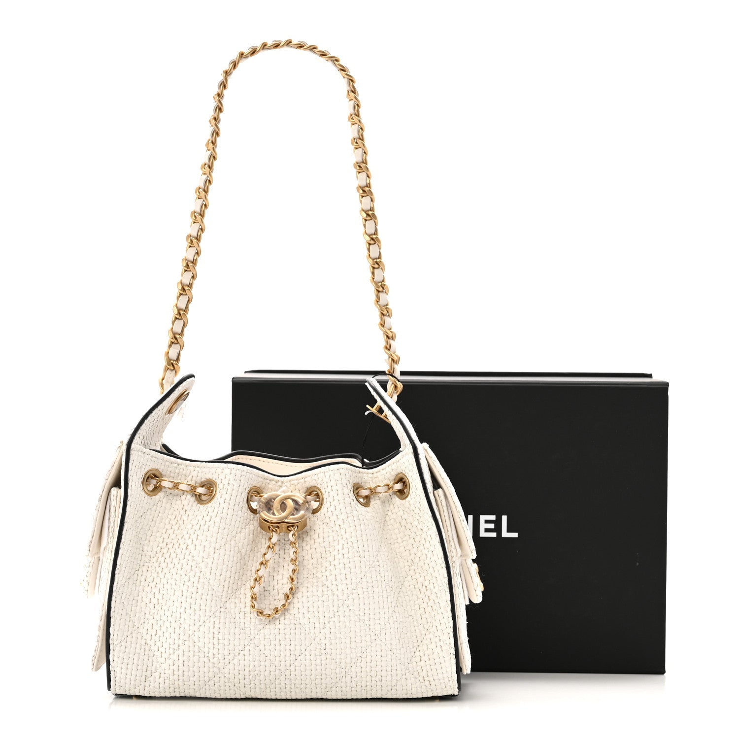 Braided Raffia Calfskin Mini CHNL 25 Handbag White Black
