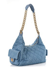 Washed Denim Quilted Large Trendy Pockets Hobo Blue