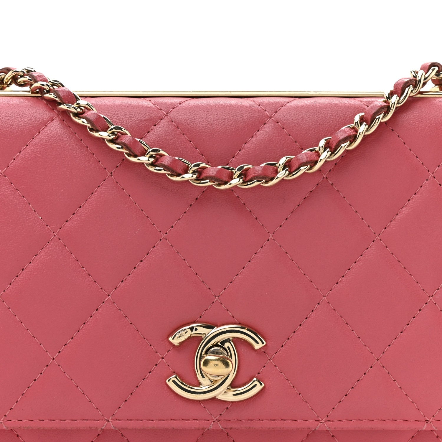 Lambskin Quilted Trendy CC Wallet On Chain WOC Bright Pink