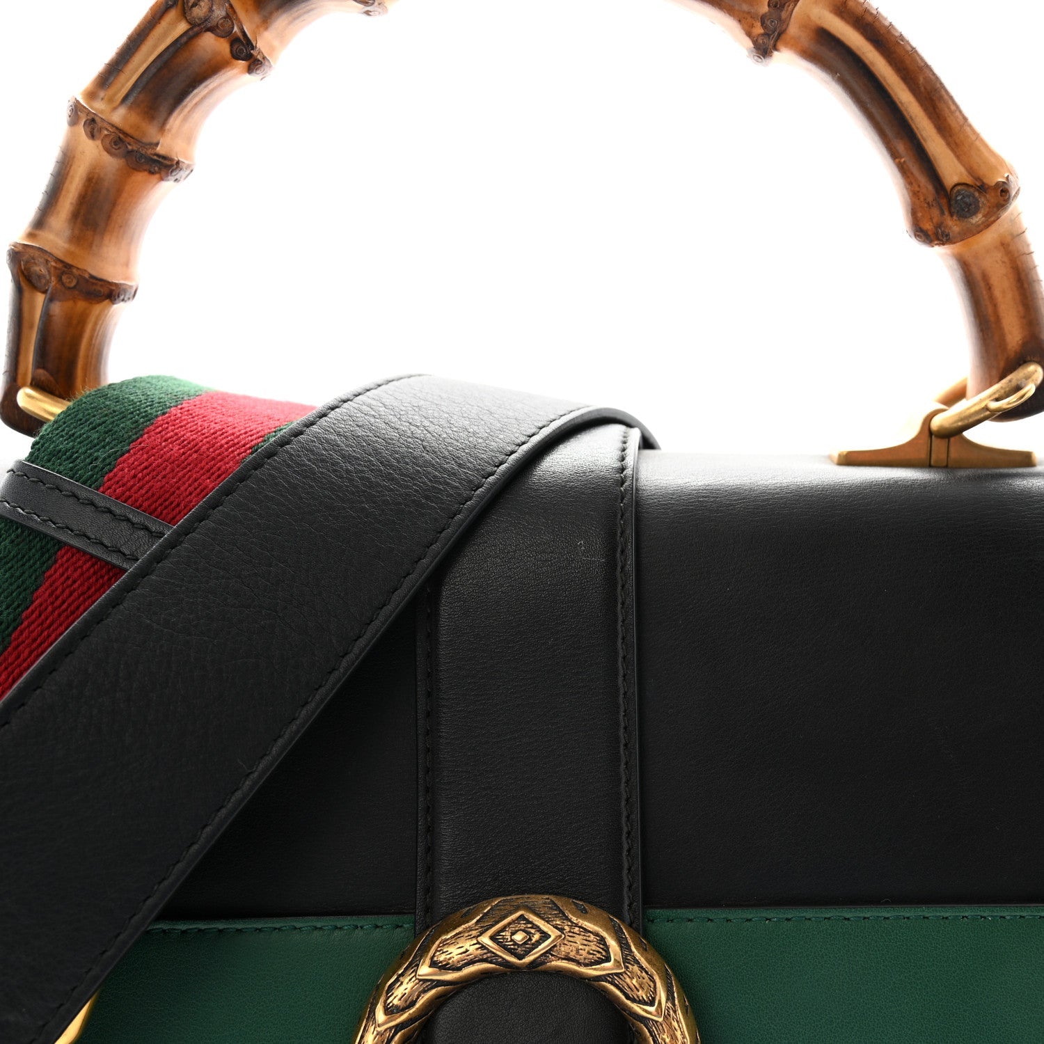 Calfskin Bamboo Web Large Dionysus Top Handle Bag Black Bright Evergreen Hibiscus Red