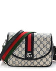GG Supreme Monogram Textured Dollar Calfskin Web Studded Mini Ophidia Flap Shoulder Bag Beige Blue
