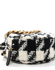 Wool Tweed Lambskin Quilted CHNL 19 Round Clutch With Chain and Coin Purse Black White