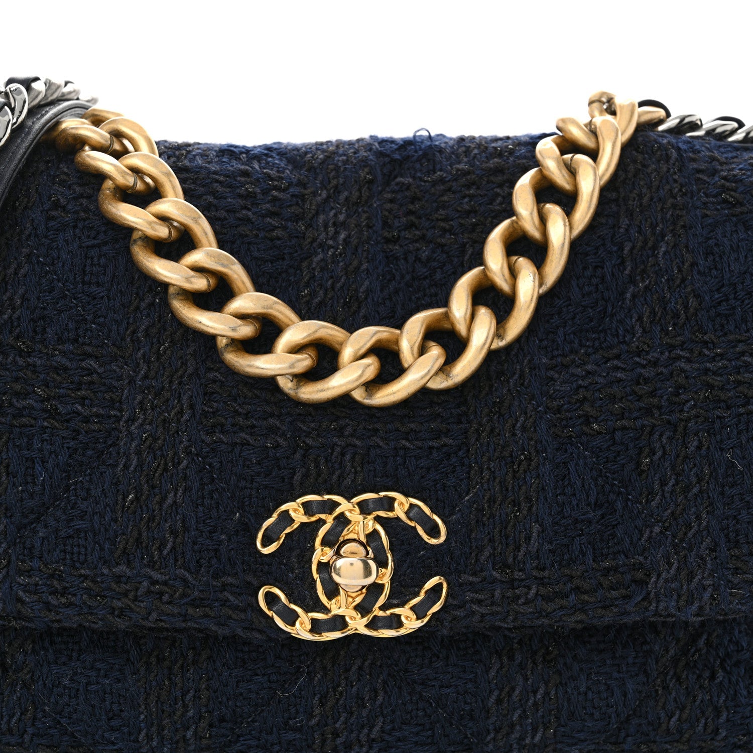 Tweed Quilted Large CHNL 19 Flap Navy Blue