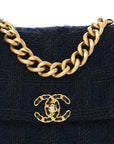 Tweed Quilted Large CHNL 19 Flap Navy Blue