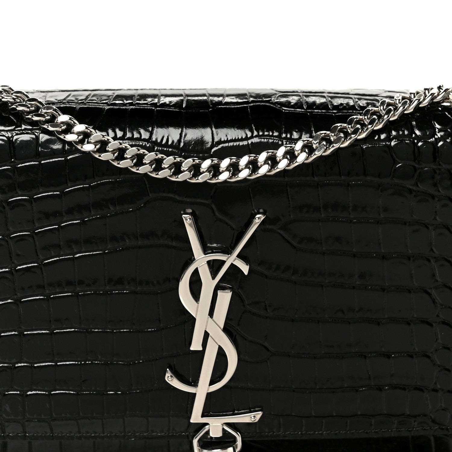 Calfskin Crocodile Embossed Small Classic Monogram Kate Tassel Satchel Black