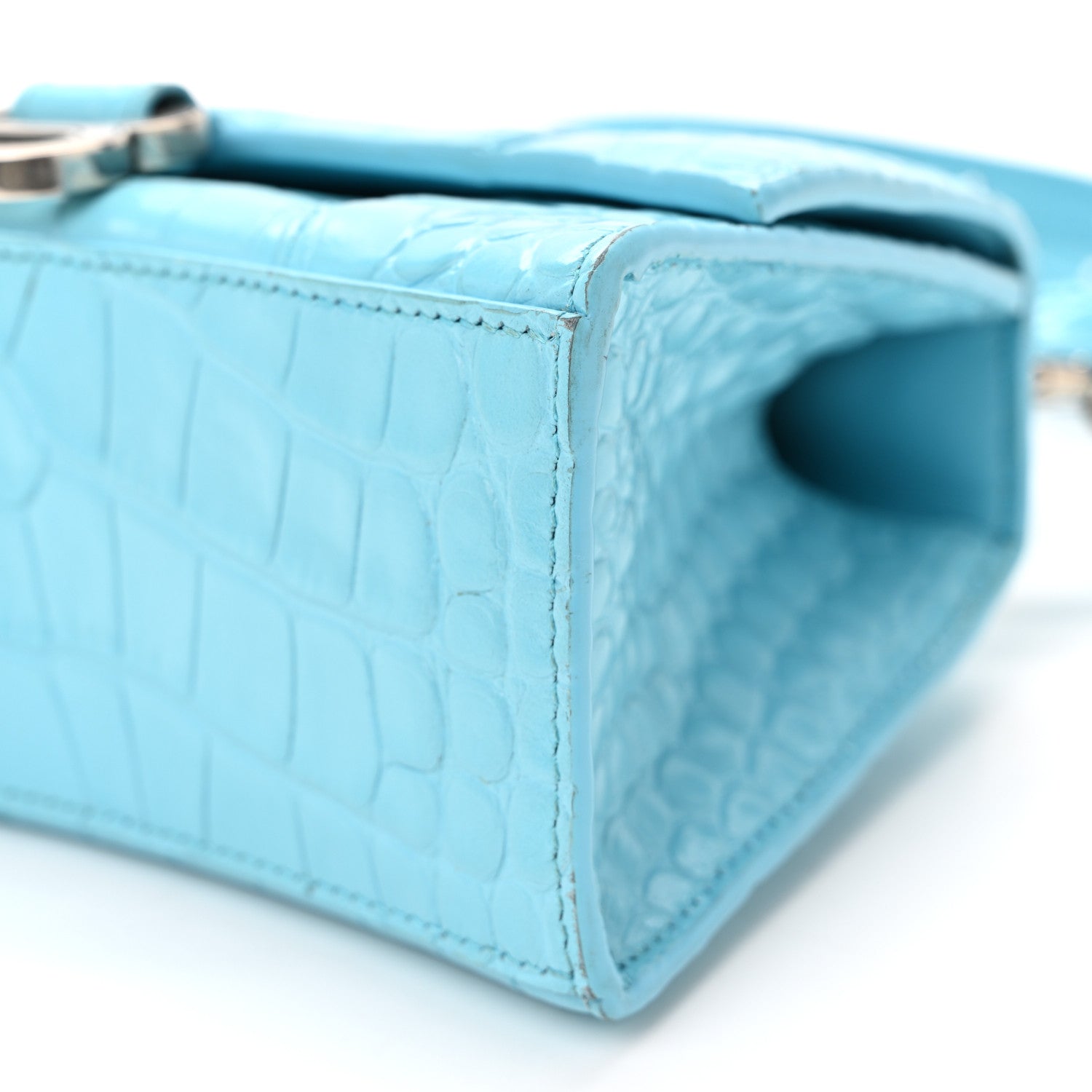 Shiny Calfskin Crocodile Embossed Hourglass Top Handle Bag XS Azur