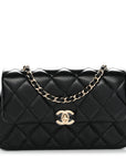 Lambskin Quilted Rectangular Phone Holder Clutch With Chain Black