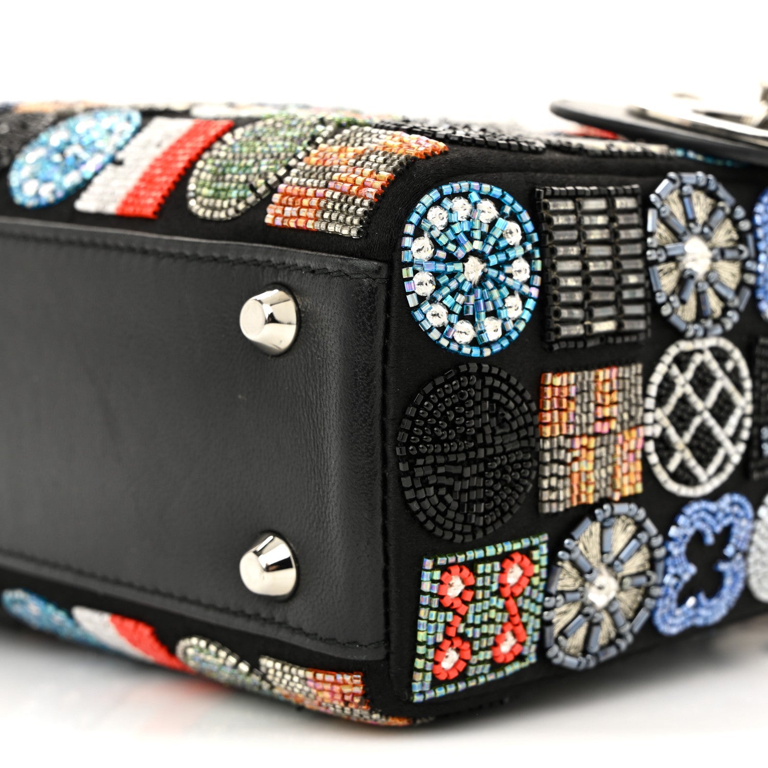 Satin Lambskin Embroidered Beaded Mini Lady D1OR Black Multicolor