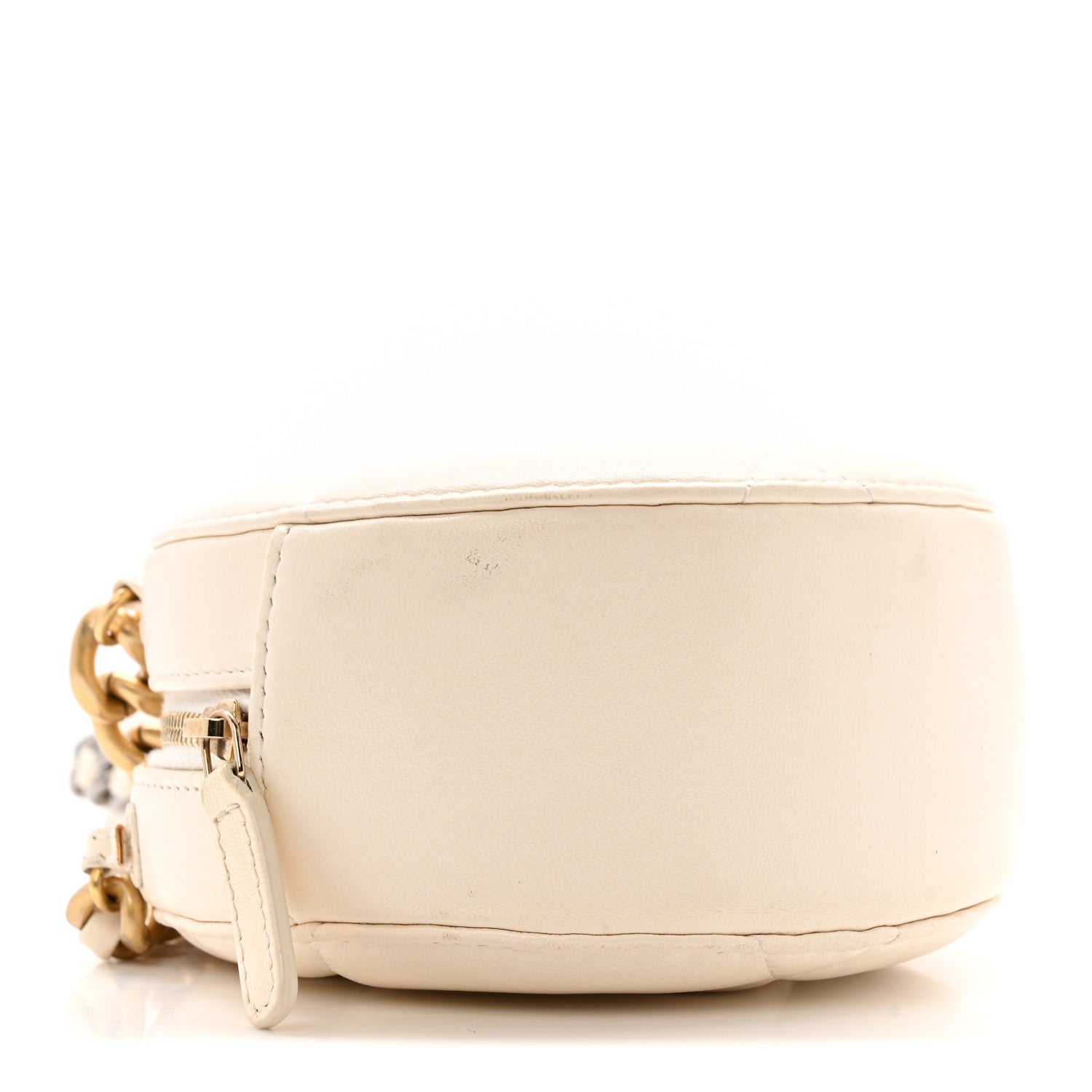 Lambskin Quilted CHNL 19 Round Clutch With Chain White