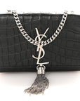 Calfskin Crocodile Embossed Small Classic Monogram Kate Tassel Satchel Black