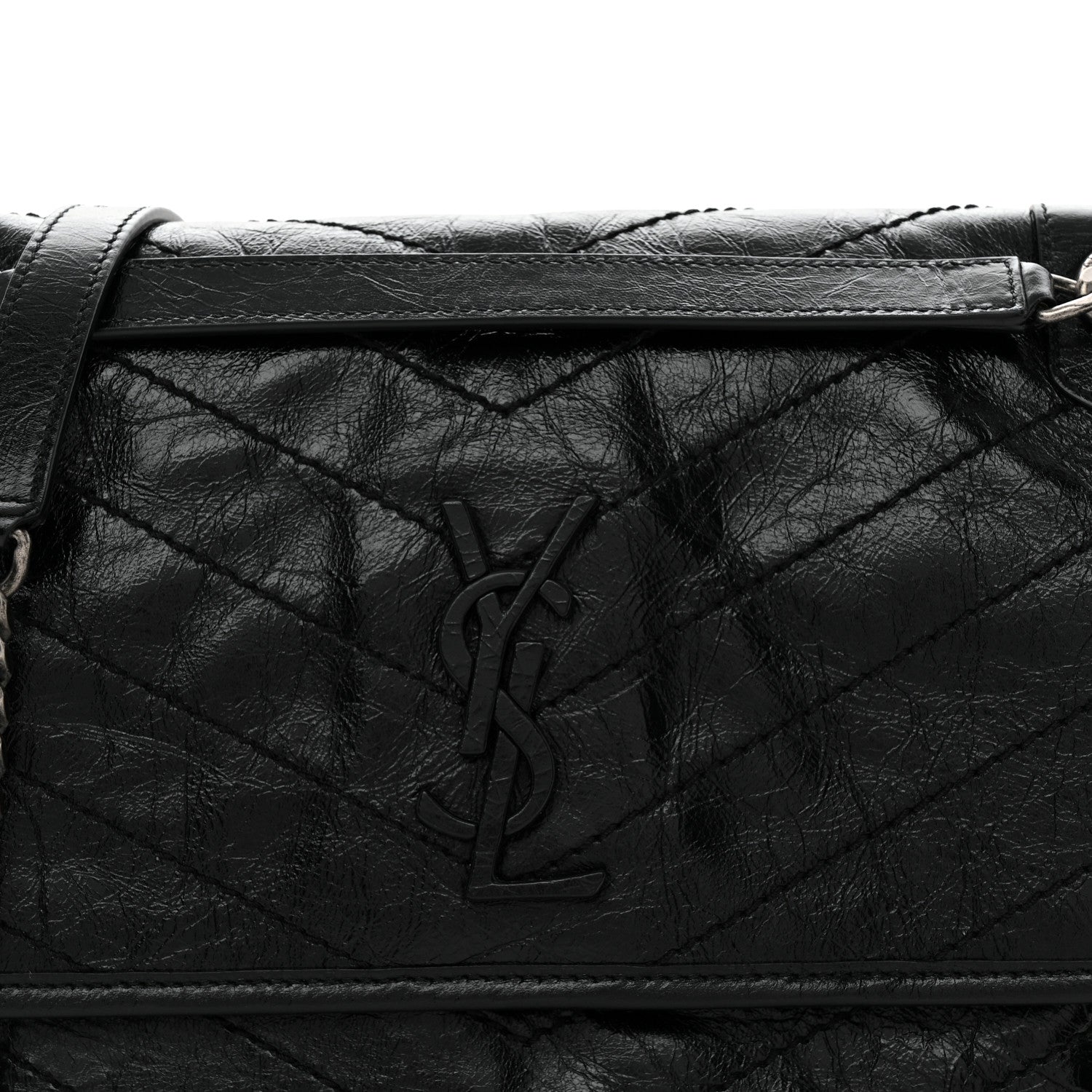 Crinkled Calfskin Matelasse Monogram Medium Niki Chain Satchel Black