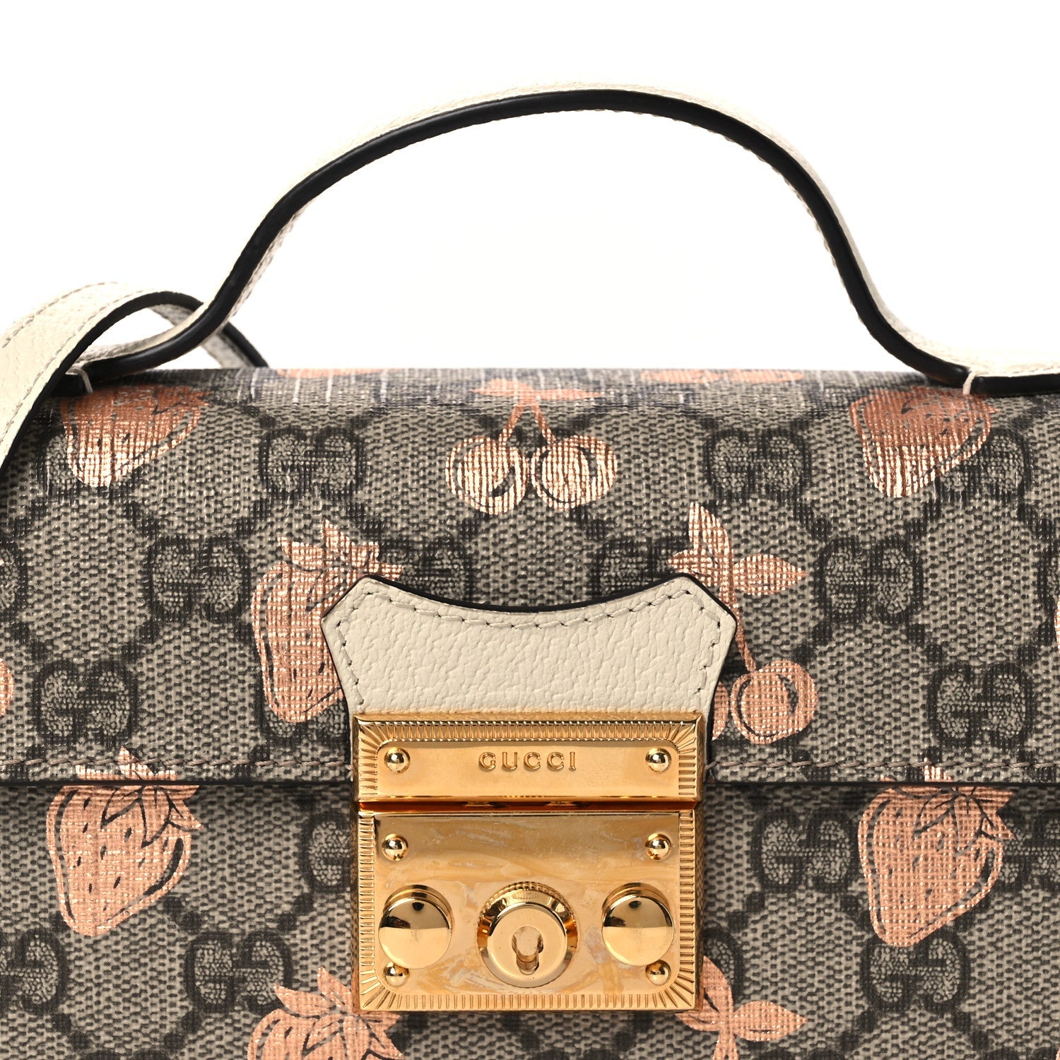 GG Supreme Monogram Berry Textured Dollar Calfskin Mini Padlock Top Handle Shoulder Bag Beige Ebony Light Copper Mystic White
