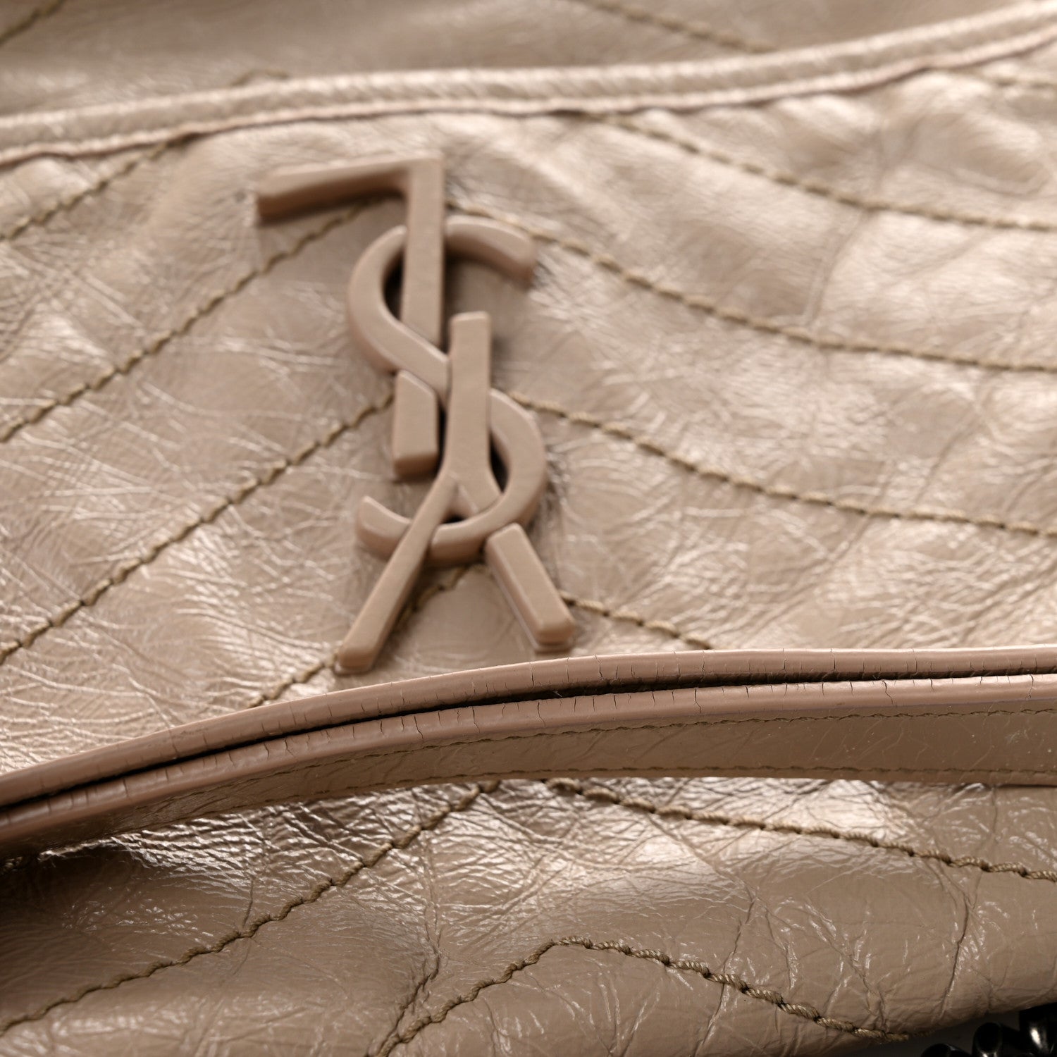 Crinkled Calfskin Matelasse Monogram Medium Niki Chain Satchel Gold Sand