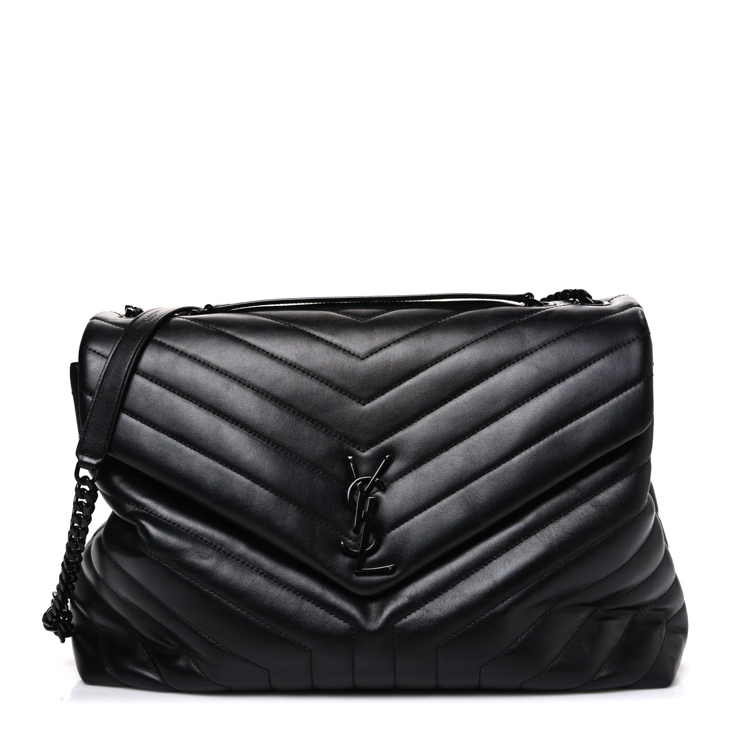 Calfskin Y Quilted Monogram Monochrome Large Loulou Chain Satchel Black