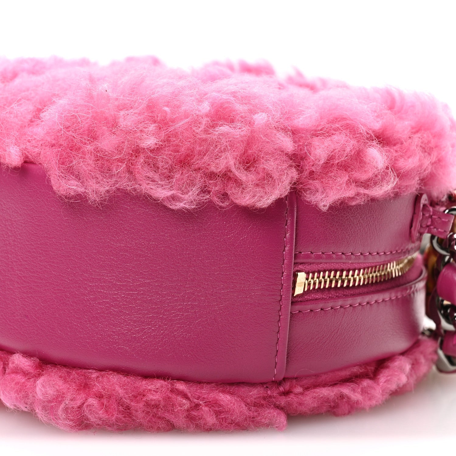 Shearling Sheepskin CHNL 19 Round Clutch With Chain Dark Pink