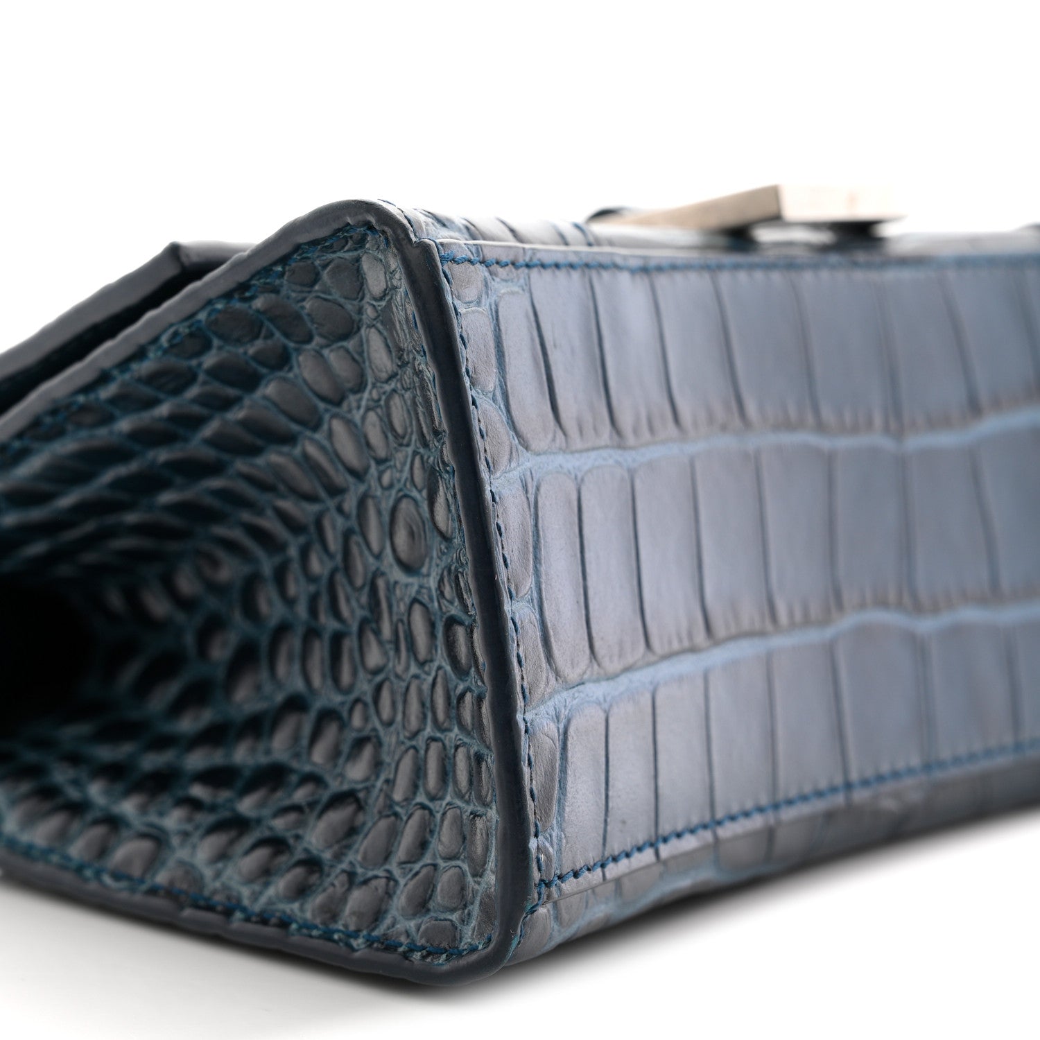 Shiny Calfskin Crocodile Embossed Hourglass Top Handle Bag XS Denim Blue