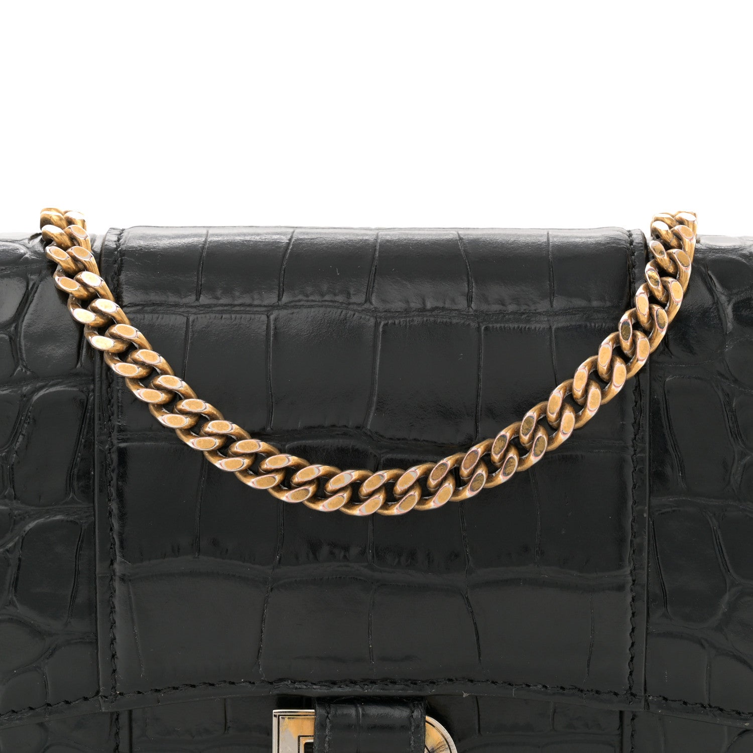 Shiny Calfskin Crocodile Embossed Hourglass Chain Bag Black