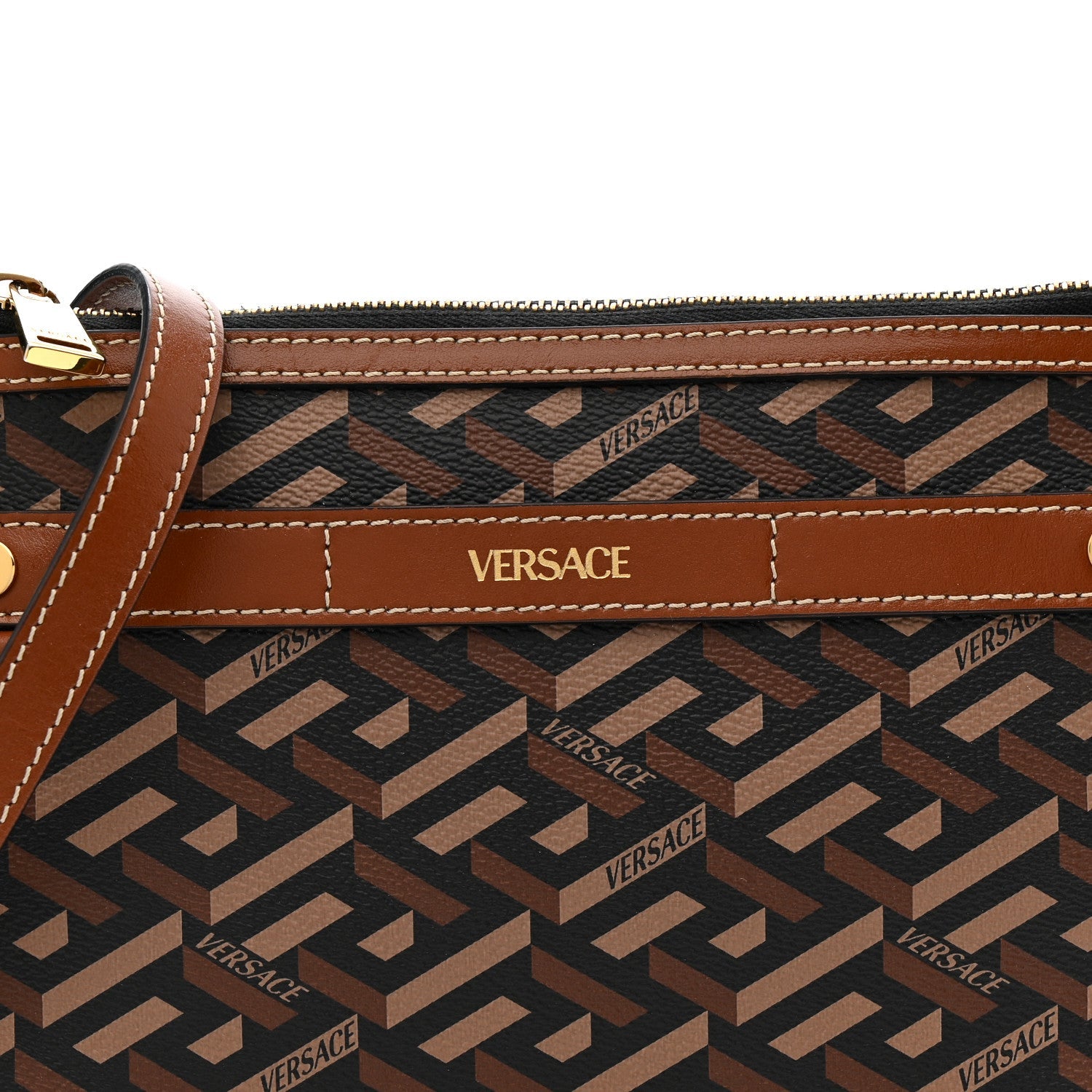 Coated Canvas Medium La Greca Signature Pouch Black Caramel