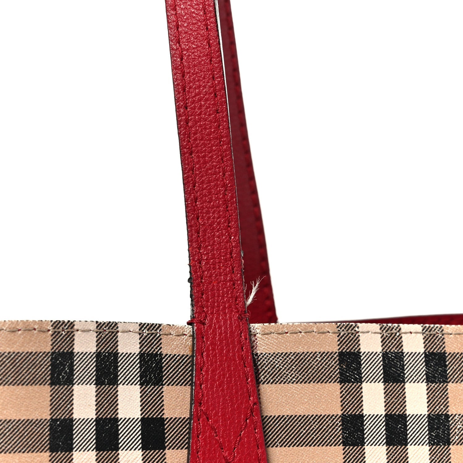 Grainy Calfskin Haymarket Check Medium Reversible Tote Red