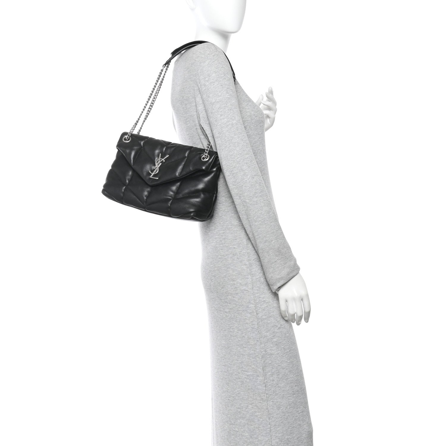 Lambskin Quilted Small Loulou Puffer Monogram Chain Satchel Black