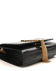 Calfskin Crocodile Embossed Small Classic Monogram Kate Tassel Satchel Black