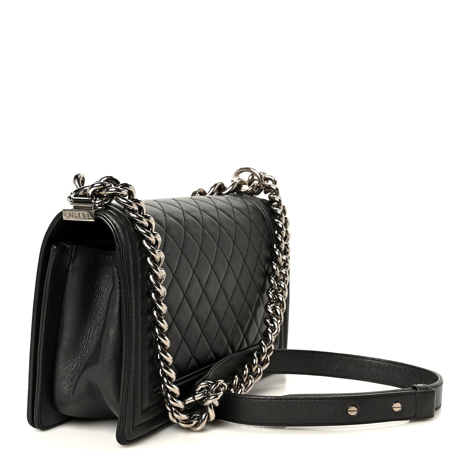 Metallic Lambskin Quilted Crystal Medium Boy Flap Grey