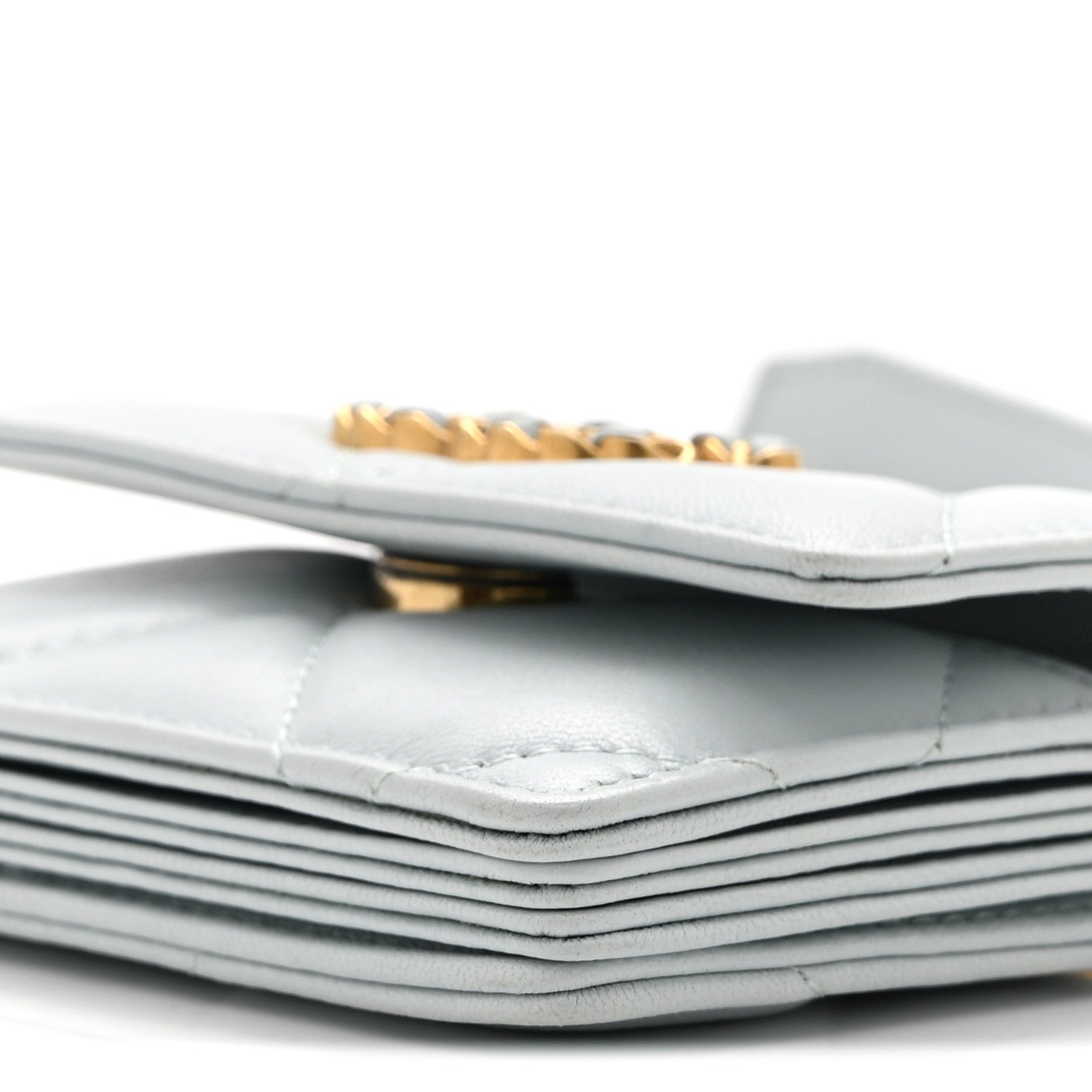 Lambskin Quilted CHNL 19 Flap Card Holder With Chain Light Blue
